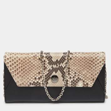 Pre Owned Dior Black/Beige Leather and Python Addict Rendez-Vous Wallet on Chain