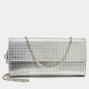 Pre Owned Dior Silver Microcannage Patent Leather Lady Dior Croisiere Wallet on Chain
