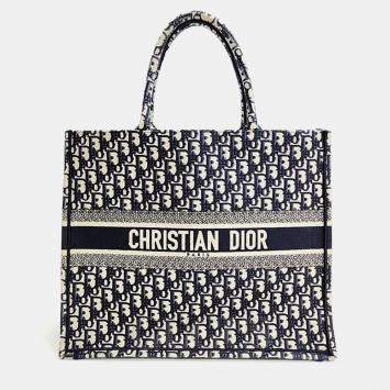 Pre Owned Christian Dior Navy Blue Canvas Oblique Book Tote 42 Bag 