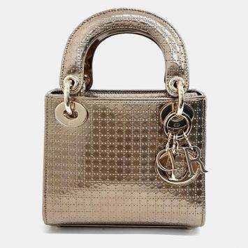 Pre Owned Christian Dior Gold  Cannage Leather Lady dior Mini Top Handle Bag