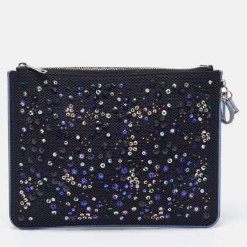 Pre Owned Dior Black/Blue Mesh and Leather Stardust Flat Pouch