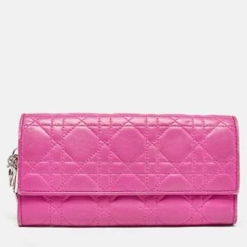Pre Owned Dior Pink Cannage Leather Lady Dior Wallet on Chain