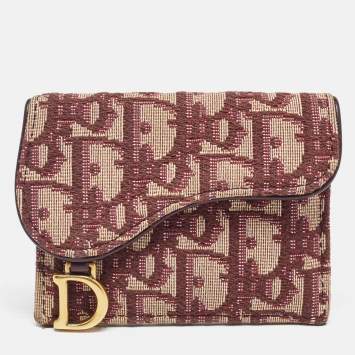 Pre Owned Dior Burgundy Diorissimo Canvas Saddle Compact Wallet