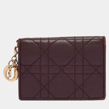 Pre Owned Dior Burgundy Cannage Leather Lady Dior Card Holder