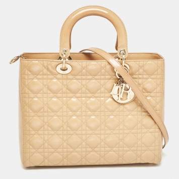 Pre Owned Dior Beige Cannage Patent Leather Large Lady Dior Tote