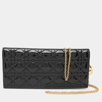 Pre Owned Dior Black Quilted Cannage Patent Leather Lady Dior Chain Clutch