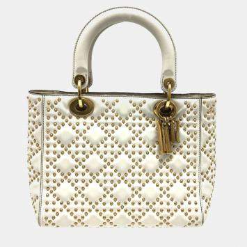 Pre Owned Dior White Leather Studded Medium Lady Dior Top Handle Bags
