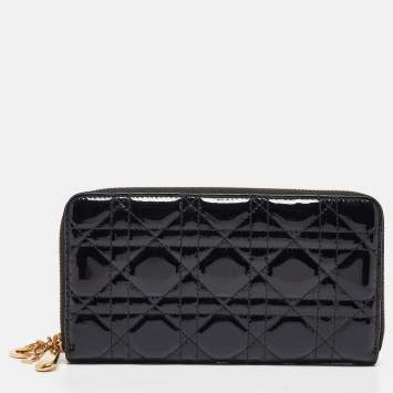 Pre Owned Dior Black Cannage Patent Leather Lady Dior Zip Around Wallet