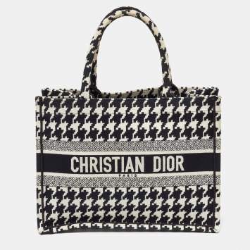 Pre Owned Dior Black/White Embroidered Macro Houndstooth Canvas Medium Book Tote