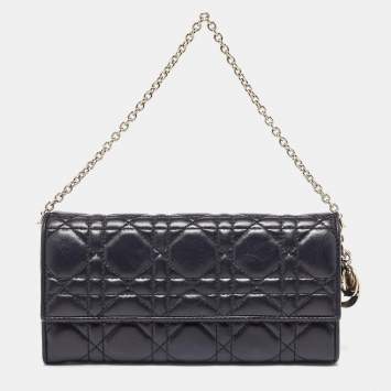 Pre Owned Dior Black Cannage Leather Lady Dior Wallet On Chain