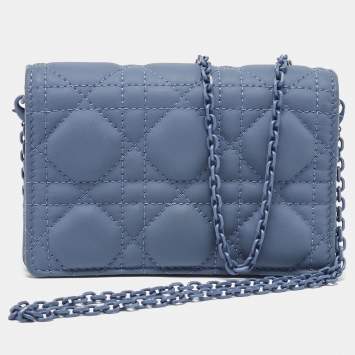 Pre Owned Dior Blue Matte Cannage Leather Wallet on Chain