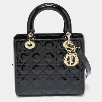 Pre Owned Dior Black Cannage Patent Leather Medium Lady Dior Tote