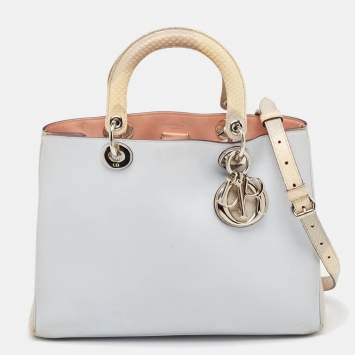 Pre Owned Dior Light Blue/Cream Leather and Python Medium Diorissimo Shopper Tote