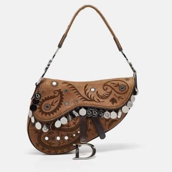 Pre Owned Dior Brown Embroidered Suede and Leather Limited Edition 0167 Embellished Saddle Bag