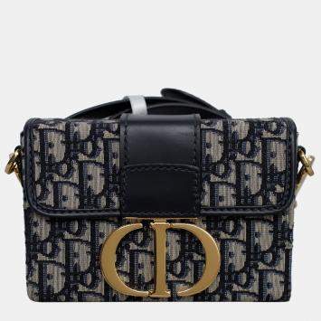 Pre Owned Christian Dior Navy Blue Leather Canvas Montaigne Box 30 Bag