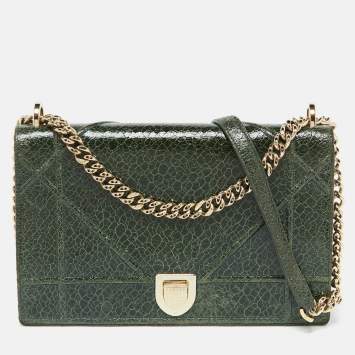 Pre Owned Dior Green Crackle Leather Large Diorama Flap Shoulder Bag