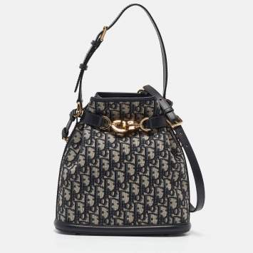 Pre Owned Dior Navy Blue Oblique Canvas and Leather Medium C'est Dior Bucket Bag 