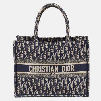 Pre Owned Dior Navy Blue Oblique Embroidered Canvas Medium Book Tote