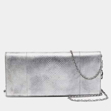 Pre Owned Dior Metallic Grey Lizard Lady Dior Long Chain Clutch