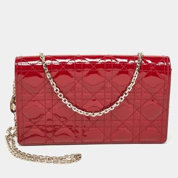 Pre Owned Dior Red Cannage Patent Leather Lady Dior Chain Pouch