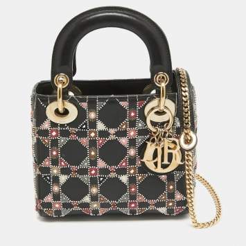 Pre Owned Dior Black Leather Mini Embroidered Beaded Lady Dior Tote