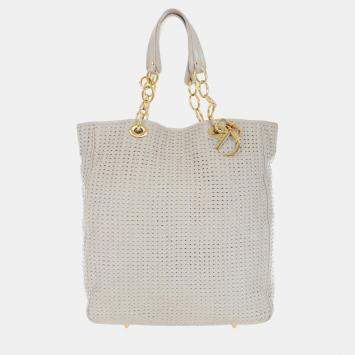 Pre Owned Dior White Woven Leather Soft Lady Dior Shopping Tote Bag
