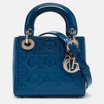 Pre Owned Dior Blue Cannage Patent Leather Mini Lady Dior Tote