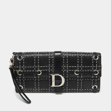 Pre Owned Dior Black Leather Cannage Perforated Stitched Flap Clutch