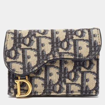 Pre Owned Dior Navy Blue Oblique Canvas and Leather Saddle Wallet