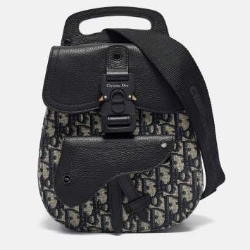 Pre Owned Dior Navy Blue Oblique Canvas and Leather Mini Saddle Backpack