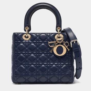 Pre Owned Dior Navy Blue Cannage Leather Medium Lady Dior Tote