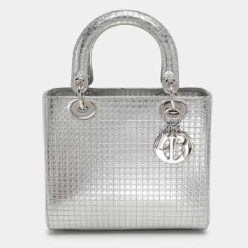 Pre Owned Dior Silver Cannage Leather Medium Lady Dior Top Handle Bag