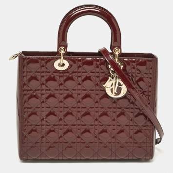Pre Owned Dior Burgundy Cannage Patent Leather Large Lady Dior Tote