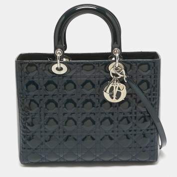 Pre Owned Dior Teal Blue Cannage Patent Leather Large Lady Dior Tote