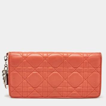 Pre Owned Dior Orange Cannage Leather Lady Dior Bifold Wallet
