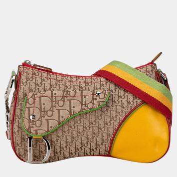 Pre Owned Christian Dior Beige Yellow Canvas Leather Dior Trotter Saddle Rasta Shoulder Bag