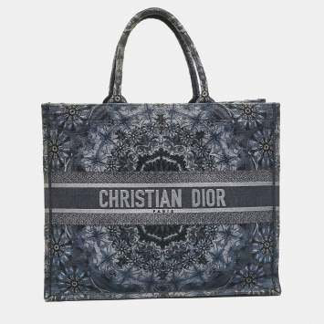 Pre Owned Dior Navy Blue Flower Embroidered Denim Large Book Tote