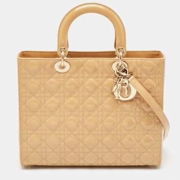 Pre Owned Dior Beige Cannage Patent Leather Large Lady Dior Tote