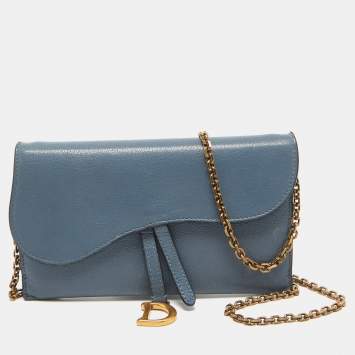 Pre Owned Dior Blue Leather Saddle Wallet On Chain