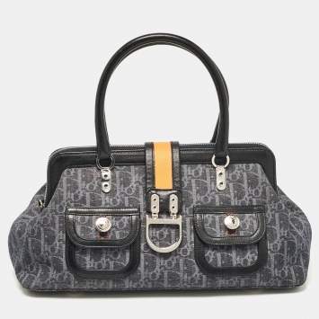 Pre Owned Dior Navy Blue Oblique Denim and Leather Flight Frame Satchel