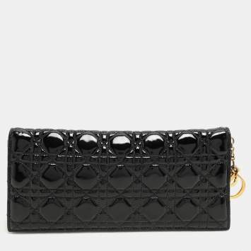 Pre Owned Dior Black Quilted Cannage Patent Leather Lady Dior Chain Clutch