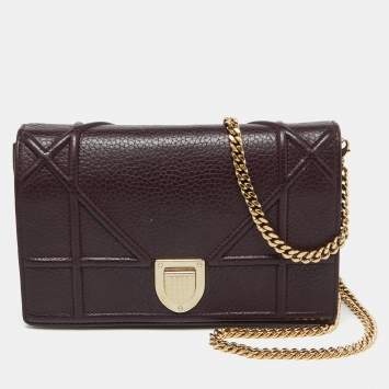 Pre Owned Dior Dark Burgundy Leather Diorama Wallet on Chain