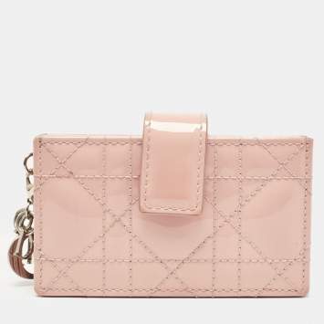 Pre Owned Dior Light Pink Cannage Patent Leather Jasmine Card Holder