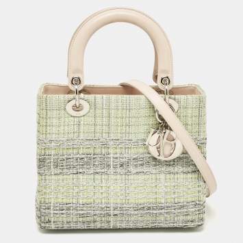Pre Owned Dior Green/Beige Leather and Tweed Medium Lady Dior Tote
