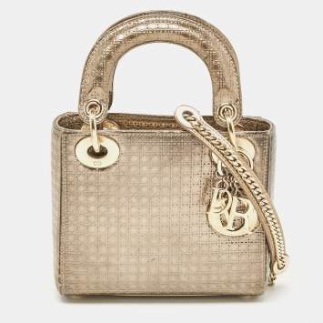 Pre Owned Dior Gold Microcannage Patent Leather Mini Lady Dior Tote