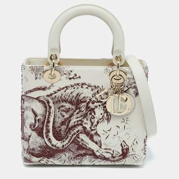Pre Owned Dior Off White Leather Medium Embroidered Beads Lady Dior Tote