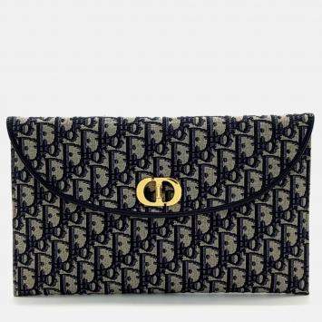 Dior Beige Navy Blue Fabric Oblique 30 Montaign Avenue Flap Pouch Bag