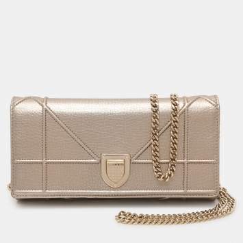Pre Owned Dior Metallic Beige Leather Diorama Wallet on Chain