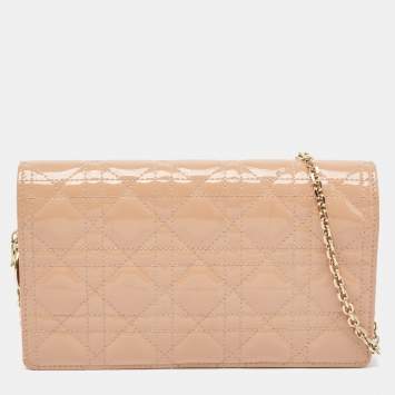 Pre Owned Dior Poudre Beige Cannage Patent Leather Lady Dior Chain Clutch