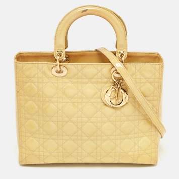 Pre Owned Dior Yellow Cannage Patent Leather Large Lady Dior Tote